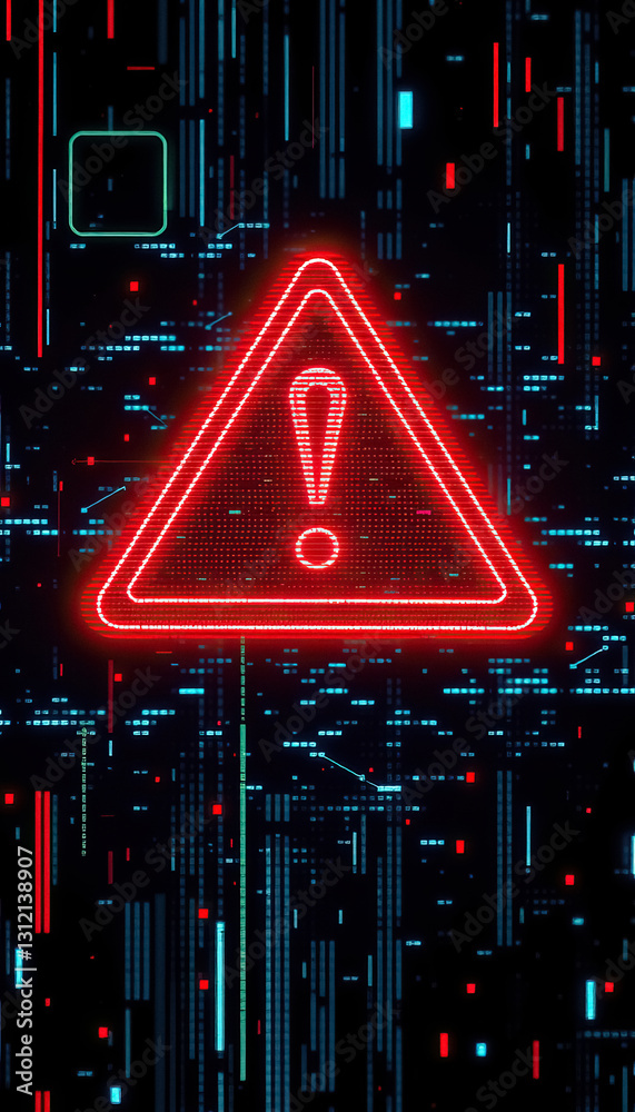 Poster red exclamation point in triangle with digital background of green red and blue hues