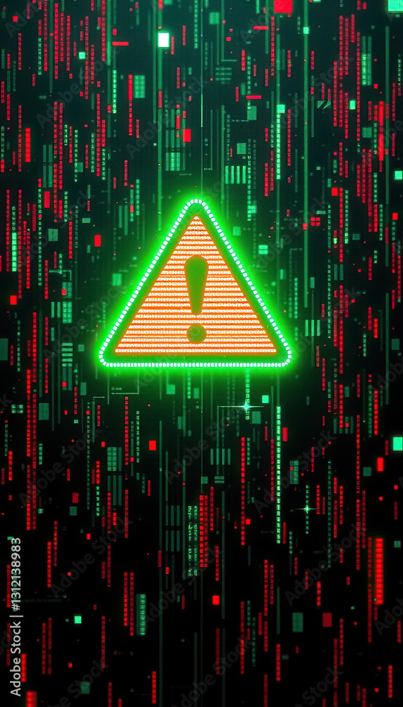 Poster Glowing warning sign with exclamation mark against backdrop of streaming digital data patterns