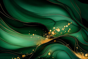 Abstract green and gold flowing waves with a smooth texture and shimmering highlights