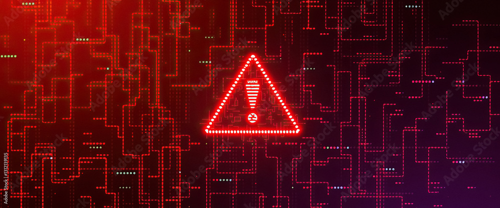 Poster digital red warning sign featuring exclamation point set against red patterned background