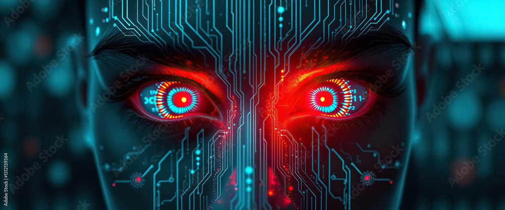 Poster Humanoid face with glowing red eyes and circuit patterns symbolizing artificial intelligence