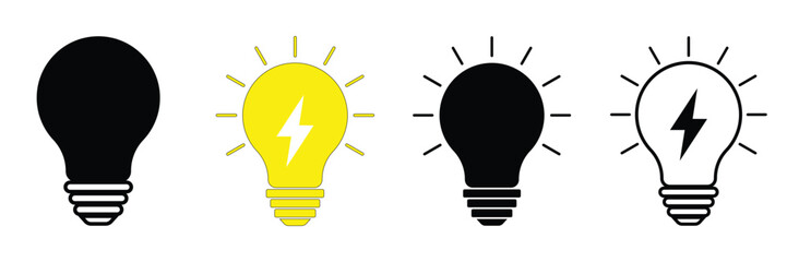Light Bulb icon set, Idea icon  Black icons lamps or bulb and rays. of vector illustration
