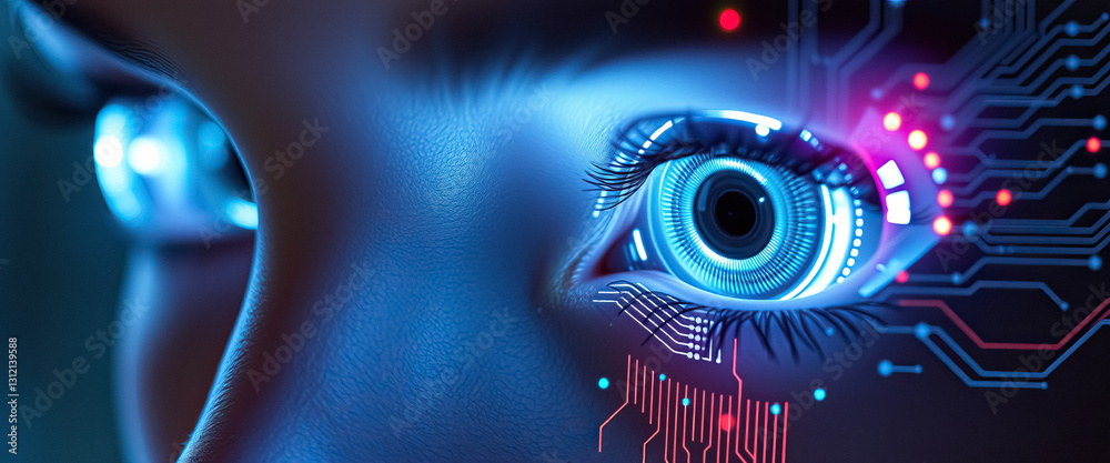 Poster Close up of futuristic eye enhanced with digital circuits symbolizing advanced technology