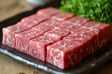 Fototapeta premium Fresh marbled beef slices arranged on dark plate with green garnish, showing premium meat texture and natural fat marbling pattern for gourmet cooking.