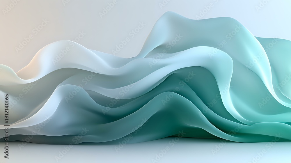 Poster flowing abstract waves in soft mint green and white create gentle curved layers with smooth gradient