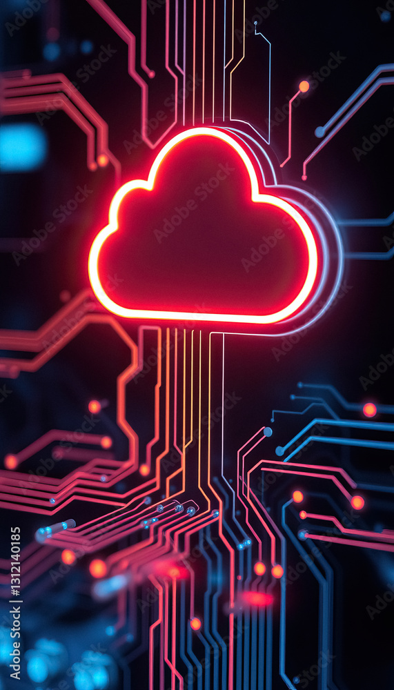 Aufkleber Cloud computing concept with network connections data processing and glowing cloud symbol