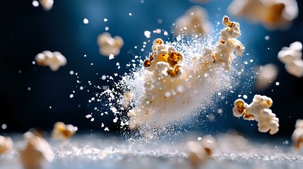 Popcorn kernels exploding with salt particles in dramatic slow motion against dark background, creating dynamic food photography composition.