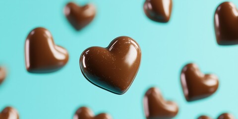 Fototapeta premium Floating chocolate-covered caramel hearts with a rich coating on a vibrant cyan background