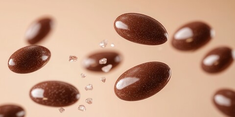 Fototapeta premium Floating chocolate-covered almonds with a sprinkle of sea salt on a light peach background