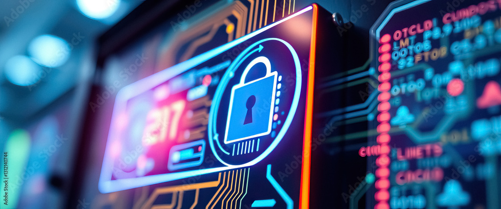 Poster Cybersecurity display showing lock data and abstract circuits on digital interface