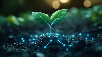 Young plant seedling growing from soil with glowing network of roots, representing growth, technology, and environmental sustainability in nature-inspired innovation.