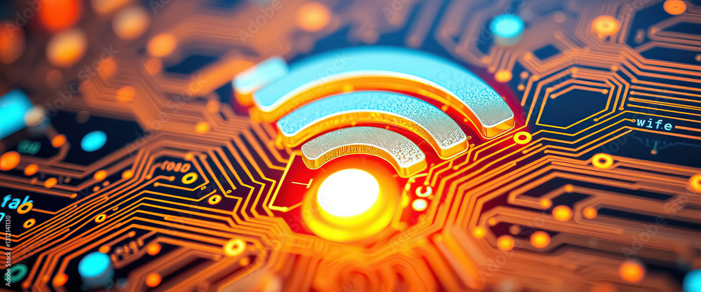 Aufkleber futuristic technology illustration shows wireless signal symbol with computer circuit board backdrop