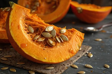 Slicing a pumpkin to reveal bright orange flesh and seeds kitchen counter food photography rustic setting close-up culinary delight