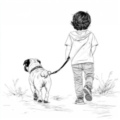 Line art of toddler walking a French bulldog