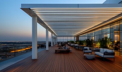 Obraz premium Luxurious rooftop terrace with wooden deck, modern pergola, and lounge furniture at sunset, featuring panoramic city views and ambient lighting.