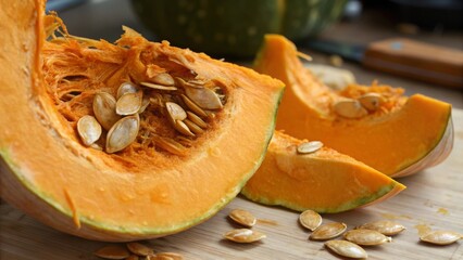 Slicing a pumpkin kitchen counter food photography natural light close-up of bright orange flesh and seeds