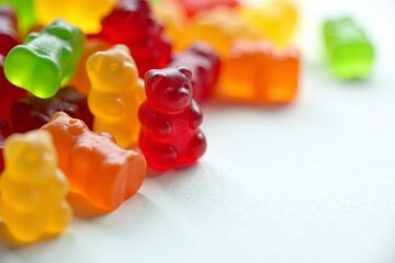 Close-up of colorful jelly gummy bears on white surface, jelly gummies, colorful candies