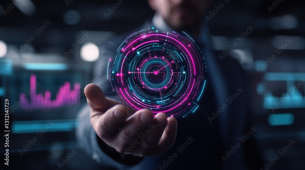 Poster man engaging with a futuristic interface demonstrating advanced technology and innovation in a moder