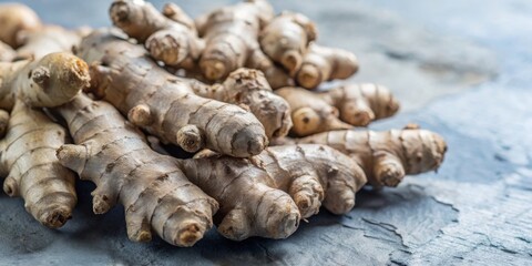 Fototapeta premium Closeup of fresh ginger root in natural setting detailed texture culinary focus high-quality image