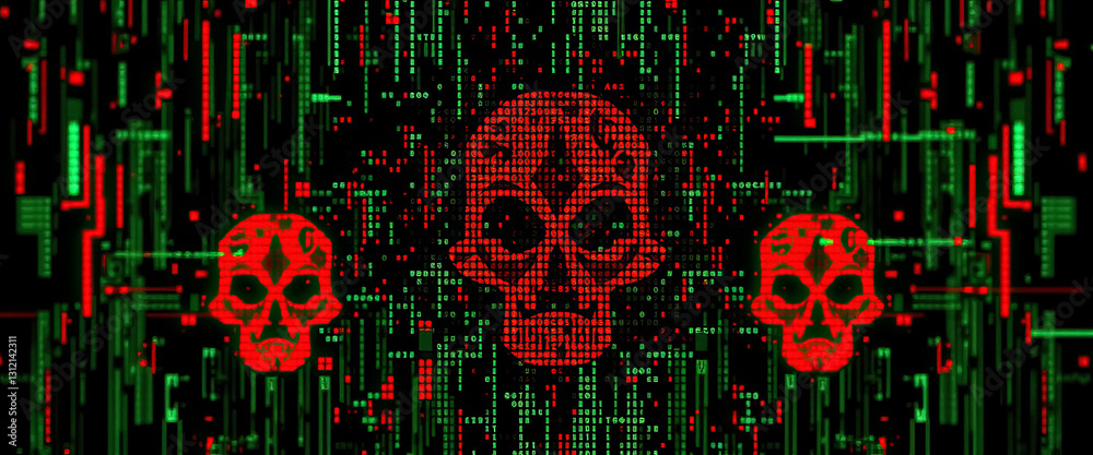 Poster binary skulls emerge from digital matrix signifying data breaches cybersecurity threats