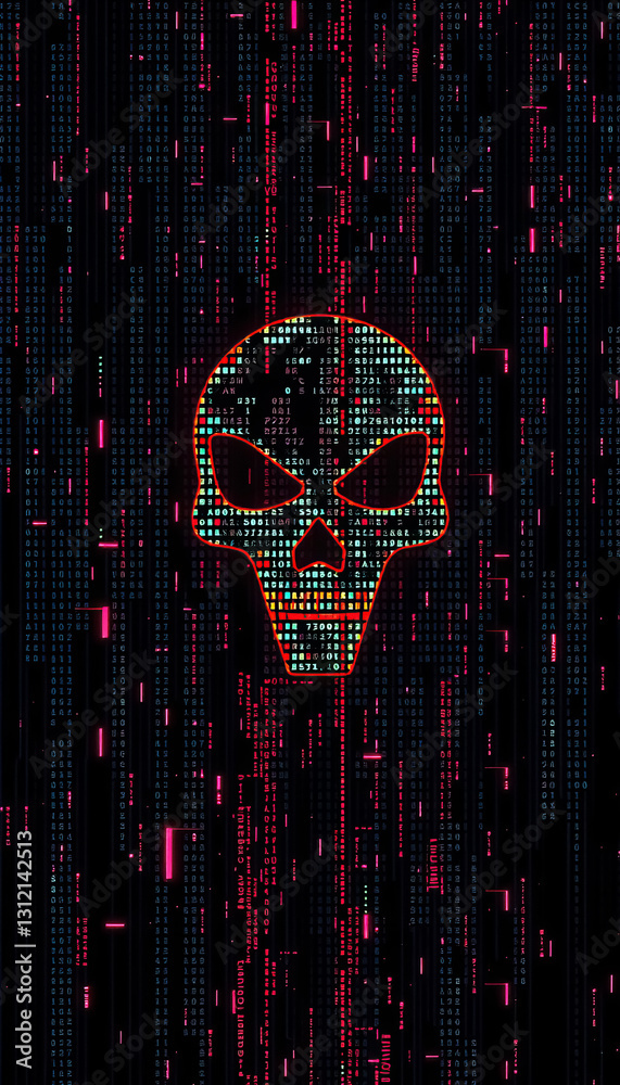 Poster stylized skull composed of digital code and neon lights against binary background