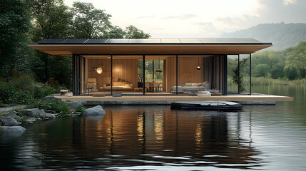 Obraz premium Modern Lakeside Cabin on Floating Dock