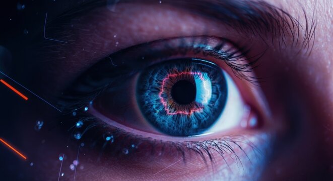 Futuristic close-up of human eye with neon elements and digital accents