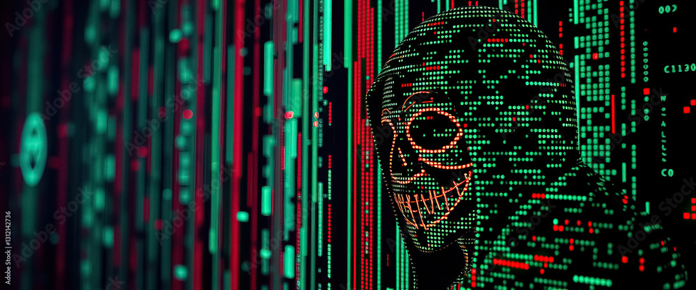 Aufkleber anonymous figure in glowing mask against backdrop of digital data streams in red and green