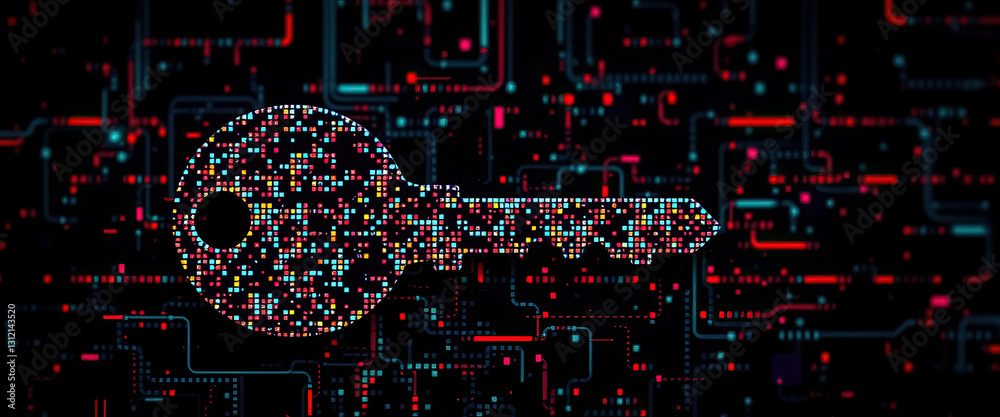 Poster Digital Key vibrant key design made of colorful pixels against high tech circuit backdrop