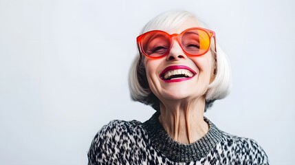 Radiant and Confident Senior Woman with Gray Hair Smiling Joyfully in Vibrant Multicolored Patterned Sweater Exuding a Positive and Energetic Vibe as an Active and Independent Older Adult