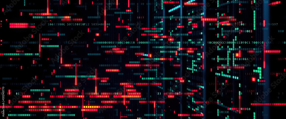 Poster Abstract digital display of data with red and teal horizontal rectangles and vertical lines