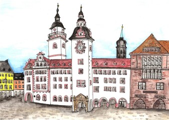 Obraz premium Handgefertigte Zeichnung Rathaus von Chemnitz, Kulturhauptstadt Europa 2025, Tinte und Aquarell im Urban Sketch - Stil, helle Farben