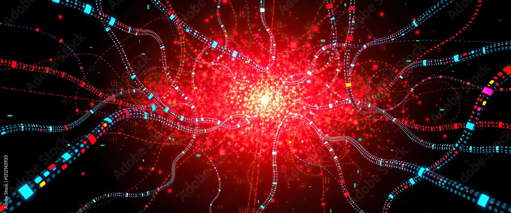 Poster Abstract network of light patterns converging on central point with dark background