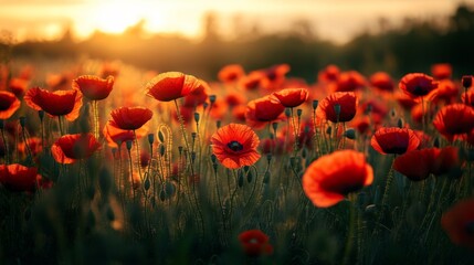 Fototapeta premium Sunflower field at golden hour, warm sunlight casting a soft glow on the petals generative ai