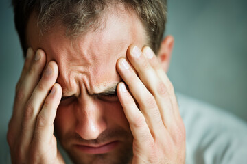 Fototapeta premium Man experiencing intense stress and frustration in a dimly lit room at home during evening hours