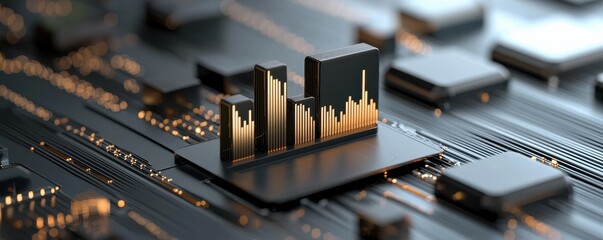 A sleek, futuristic circuit board with a 3D bar chart design, symbolizing technology and data analysis.