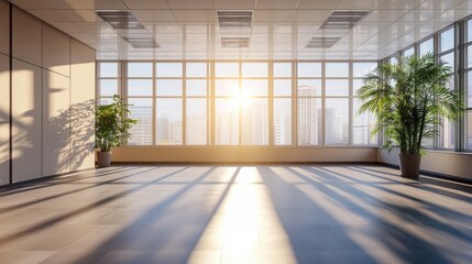 Sunrise in Modern Office Space, Empty Room with Panoramic City View