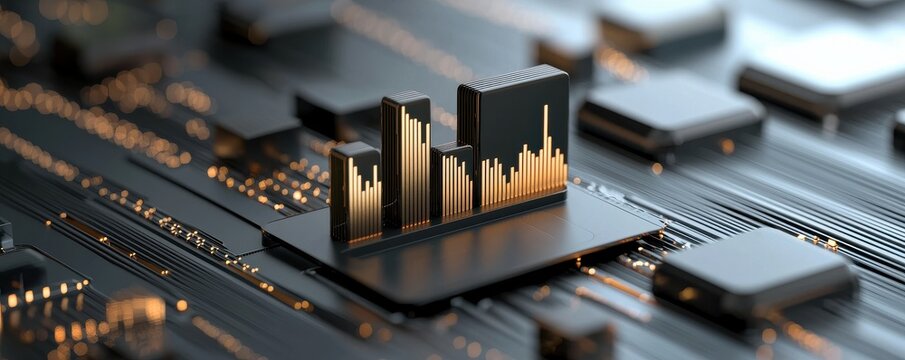 A sleek, futuristic circuit board with a 3D bar chart design, symbolizing technology and data analysis.