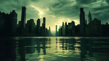 Dark City Skyline at Sunset with Water Reflection