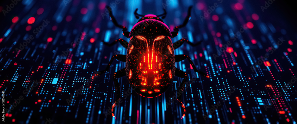 Poster luminous stylized beetle illuminated against backdrop of digital streams and network activity