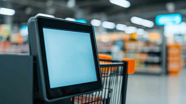 Close up digital screen reflects ease during self checkout transaction in market