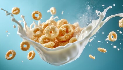 Close-up of crunchy cereal rings in mid-air with a splash of milk curving gracefully 3