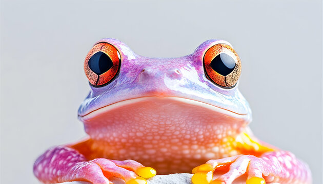Close-up of a vibrant pink and orange frog with prominent orange eyes on a neutral background