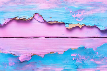 Obraz premium Close-up of chipped pastel blue and pink paint on rustic wooden planks