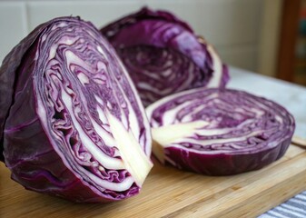 Obraz premium Slicing a purple cabbage in half kitchen food photography bright setting close-up revealing intricate spiral patterns