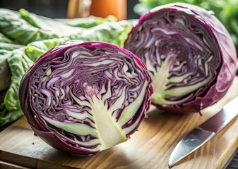 Obraz premium Slicing a purple cabbage in half on a wooden cutting board revealing intricate spiral patterns in a kitchen setting