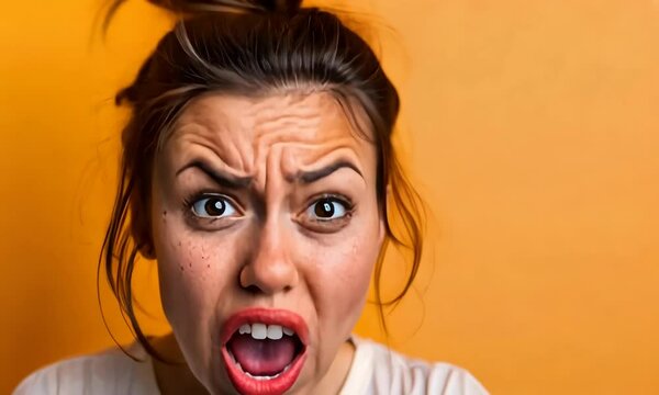 Caucasian woman with messy bun, making funny confused face against orange background