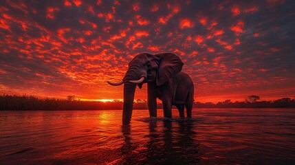 Majestic elephant at sunset by a river. Fiery, vibrant sky over water