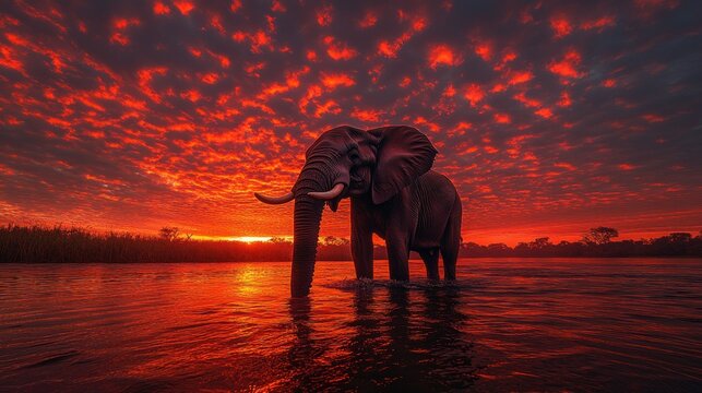 Majestic elephant at sunset by a river.  Fiery, vibrant sky over water