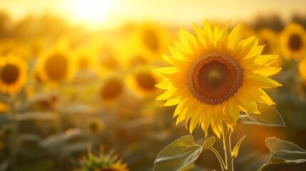Obraz premium Field of sunflowers at golden hour, warm sunlight casting a soft glow on the petals, generative ai